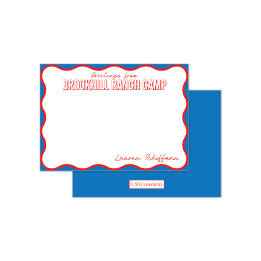 Greetings from Camp Red and Blue Wavy Notecard