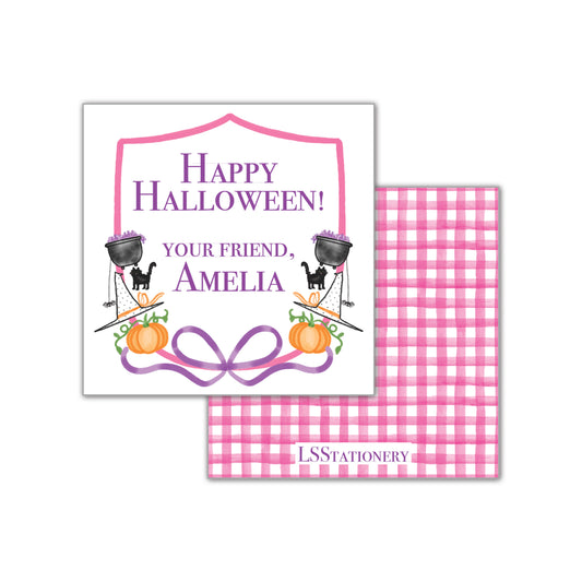 Happy Halloween Crest - pink gingham Gift Tag
