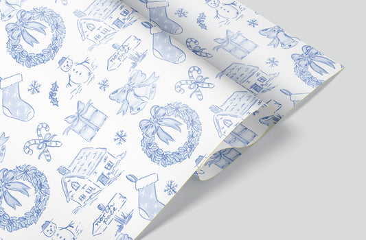 Ribbon Holly Blue Festive Wrapping Paper Pre-Order